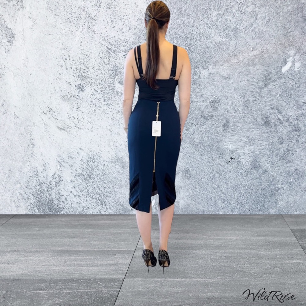 ROLAND MOURET NAVY BLUE BLACK LAC3 & VELVET PENCIL SKIRT SZ US 10 - Picture 3 of 17